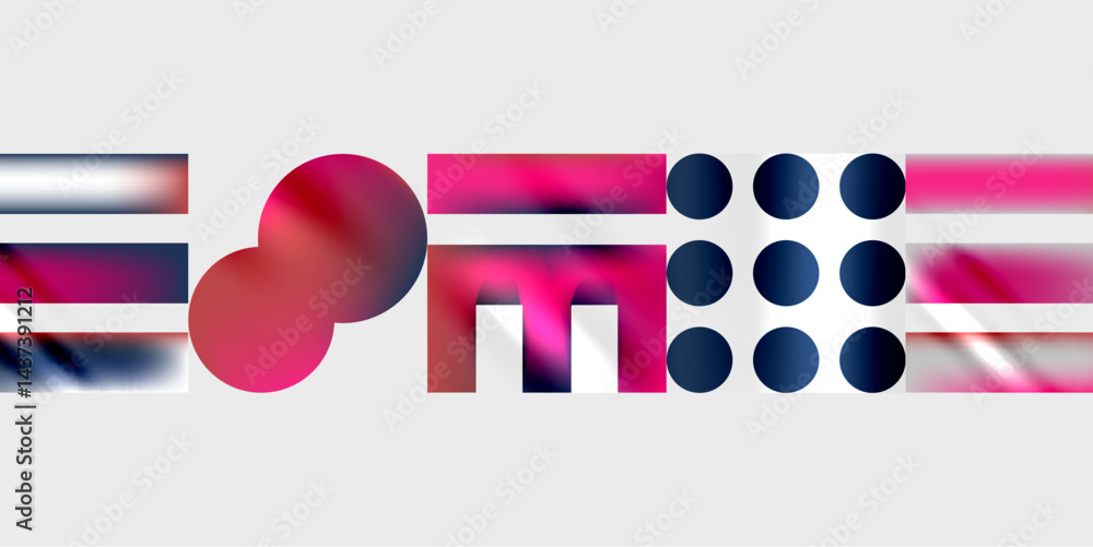 Poster abstract shapes, vibrant colors, gradient effects. composition features circles, rectangles, lines. 