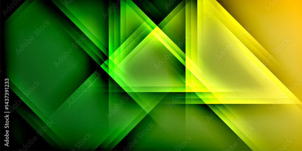 Poster abstract geometric shapes overlap, creating vibrant green, yellow gradients. modern design, dynamic 