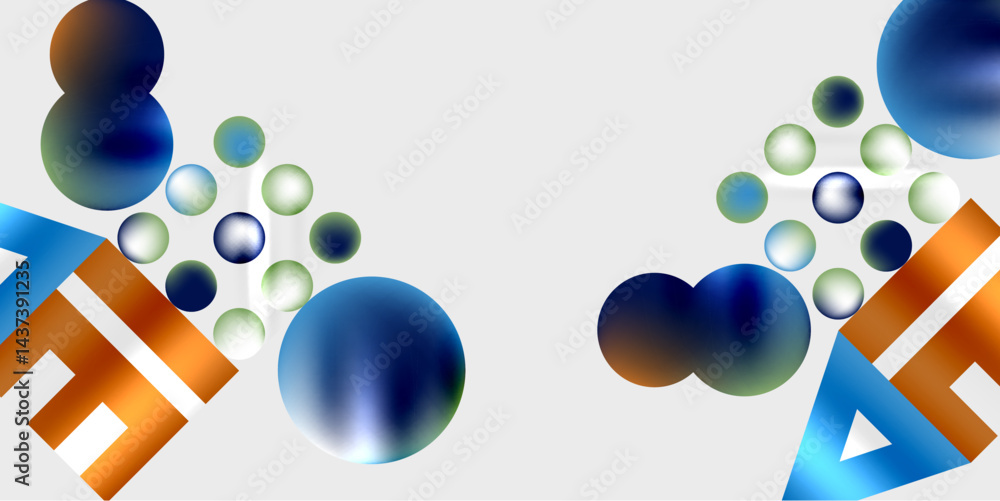 Fototapete Abstract composition features colorful spheres, geometric shapes. Gradient hues create dynamic visual effect. Modern design elements present.
