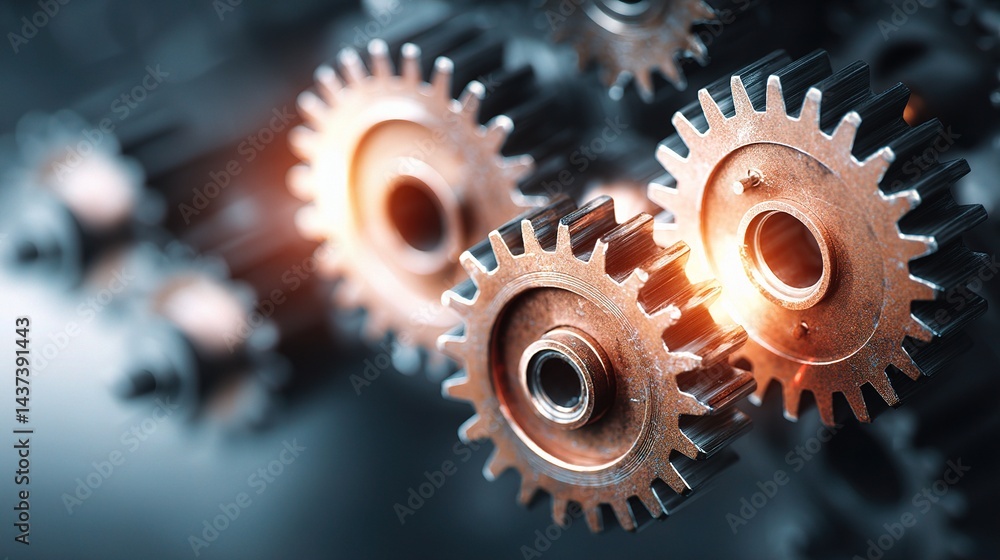 Poster glowing mechanism with gears and light effect in blurred background