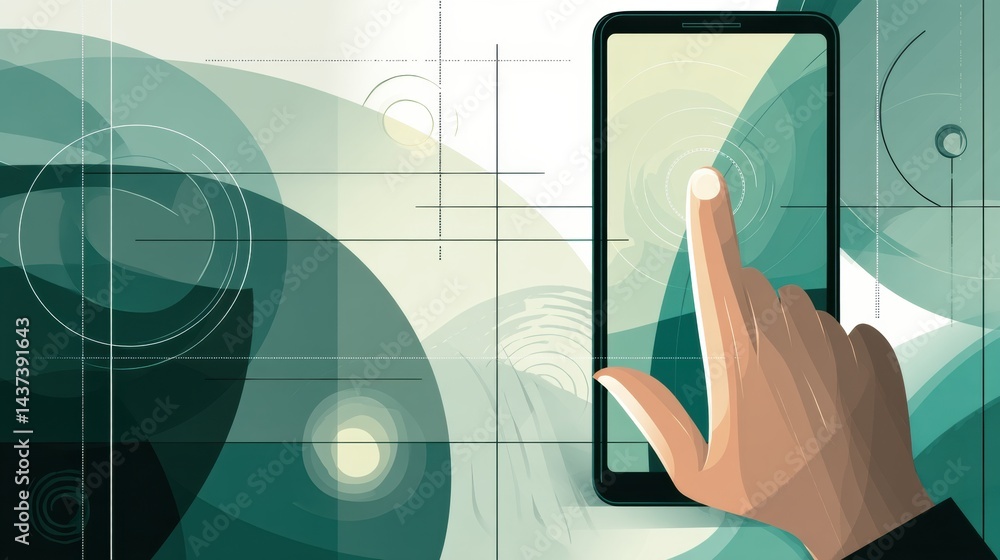 Fototapete engaging with a modern app interface on a smartphone in a stylized digital environment