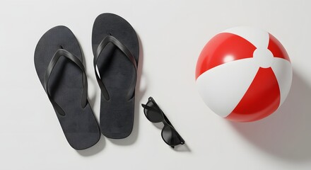 Summer essentials flat lay black flip flops sunglasses and beach ball on white background vacation vibes