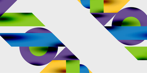 Abstract shapes overlap, creating dynamic composition. Vivid colors blend, forming modern visual experience. Gradient effects enhance depth.