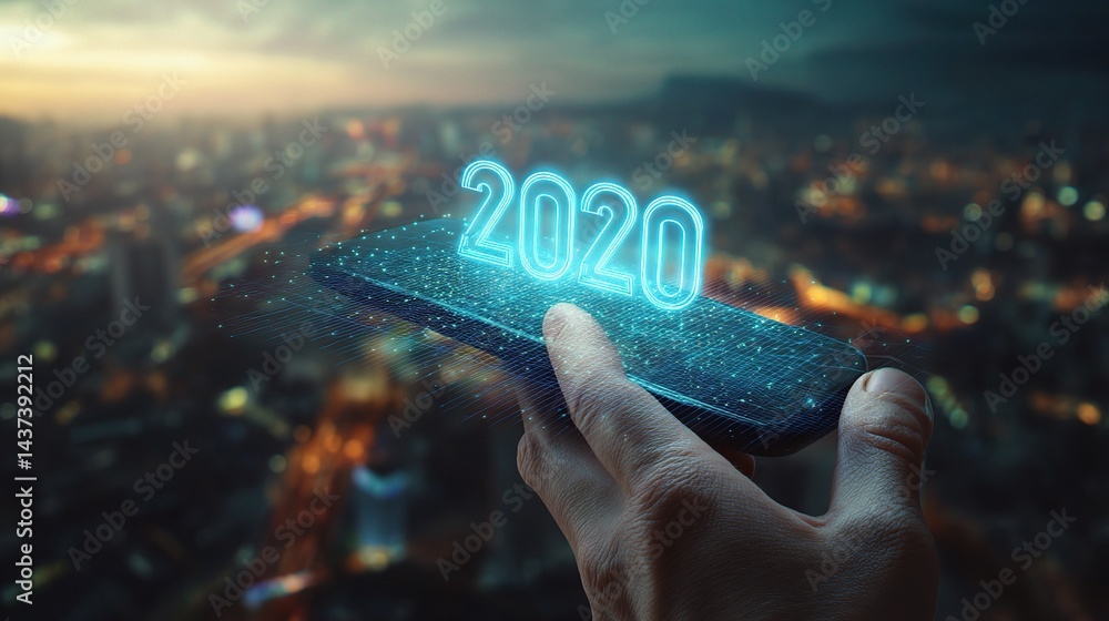 Aufkleber man using smartphone displaying holographic text against cityscape