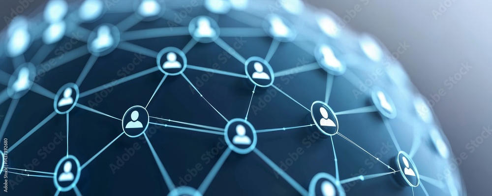 Poster digital network sphere interconnected with user icons and connections.