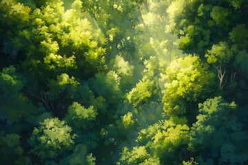 Aerial View Of Lush Green Forest Canopy With Sunlight Streaming Through Branches