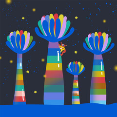 Cute illustration with colorful alien flowers and cute aliens and starry sky.