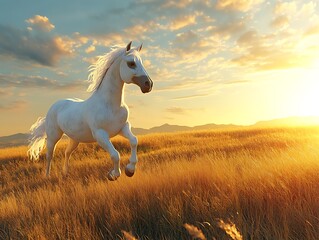 Obraz na płótnie Canvas Horse Running Freely at Sunset over Grassland. Ideal for nature, freedom, and inspirational backgrounds