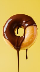 Obraz premium Glossy chocolate donut dripping glaze on soft yellow background in close-up view