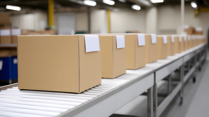 An e-commerce warehouse with boxes on conveyor belts, showcasing modern logistics, automated sorting systems, online shopping fulfillment, and efficient supply chain operations.

