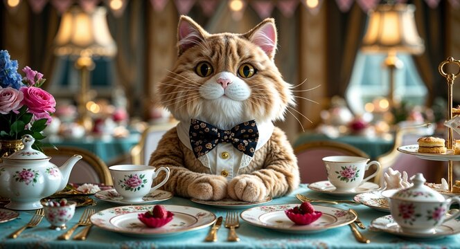 Plush cat with a bowtie on a fancy tea party table background