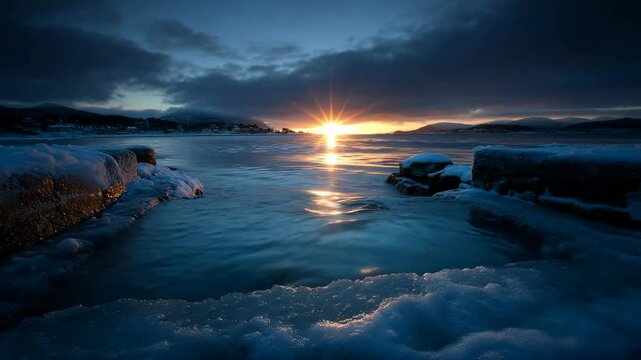 Snowy winter sunrise over frozen ocean bay reflecting sunlight and glowing in dusk. Blue waters and dark cloudy skies framing background.