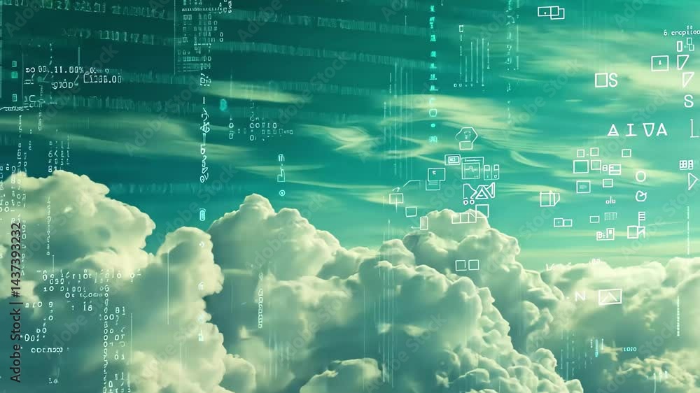 Poster digital clouds swirl in a vibrant sky filled with lines of code, creating a surreal atmosphere that 