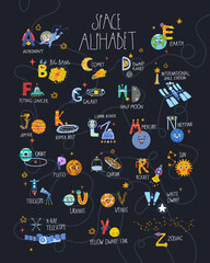 Poster with alphabet and pictures on the theme of space with planets rocket aliens spacecraft on a dark background.