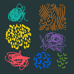 Illustration of multi colored doodle blocks and hand-drawn spots on a dark background.