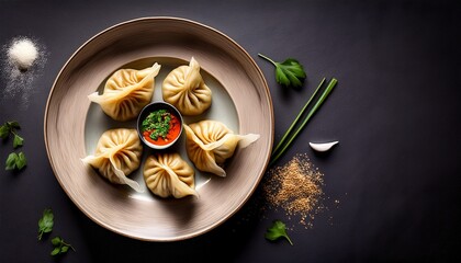 Freshly steamed momos served with spicy chutney. A popular Asian street food and delicious dumpling snack from Tibetan, Nepali, and Indian cuisines.