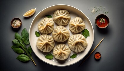 Freshly steamed momos served with spicy chutney. A popular Asian street food and delicious dumpling snack from Tibetan, Nepali, and Indian cuisines.