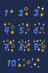 Poster with numbers and stars on a dark blue background for education, vector illustration.