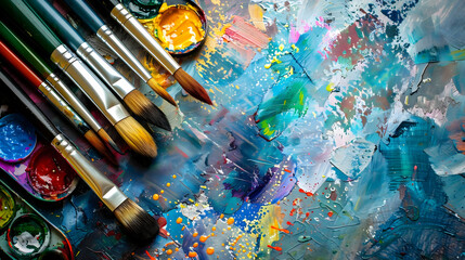 Fototapeta premium Watercolor palette mockup with brushes resting on a splattered artist's table