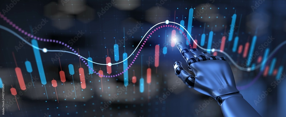 Poster advanced financial analysis with robotic precision and market trend visualization. 3d render.