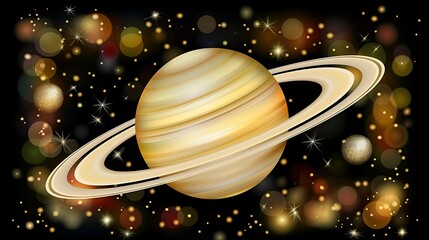 Golden cosmic planet with rings amidst glittering stars and bokeh lights