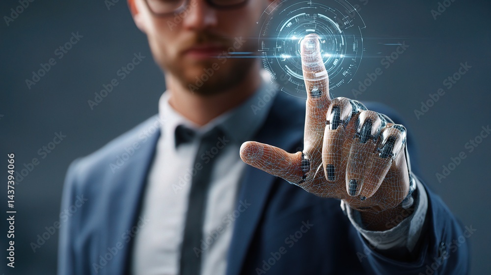 Poster tech savvy businessman using ai hologram assistant interface