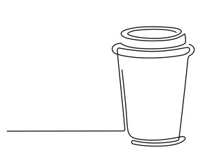 Cup of coffee take away one line continuous. Line art, isolated on white background.
