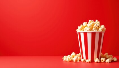 Bright red background with cinema popcorn bucket and copy space banner, vibrant entertainment theme.
