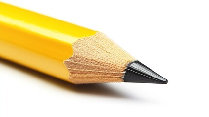Close-up of a sharpened yellow pencil.  The wood is light tan, and the graphite point is black