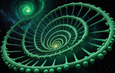 Fototapeta premium A vibrant green spiral structure gracefully twists upward, featuring numerous glossy spheres nestled at its core, creating a captivating focal point.
