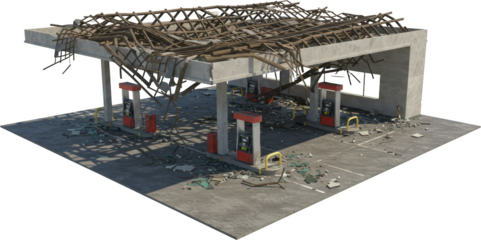 Destroyed Gas Station Canopy Collapsed After Disaster Scene