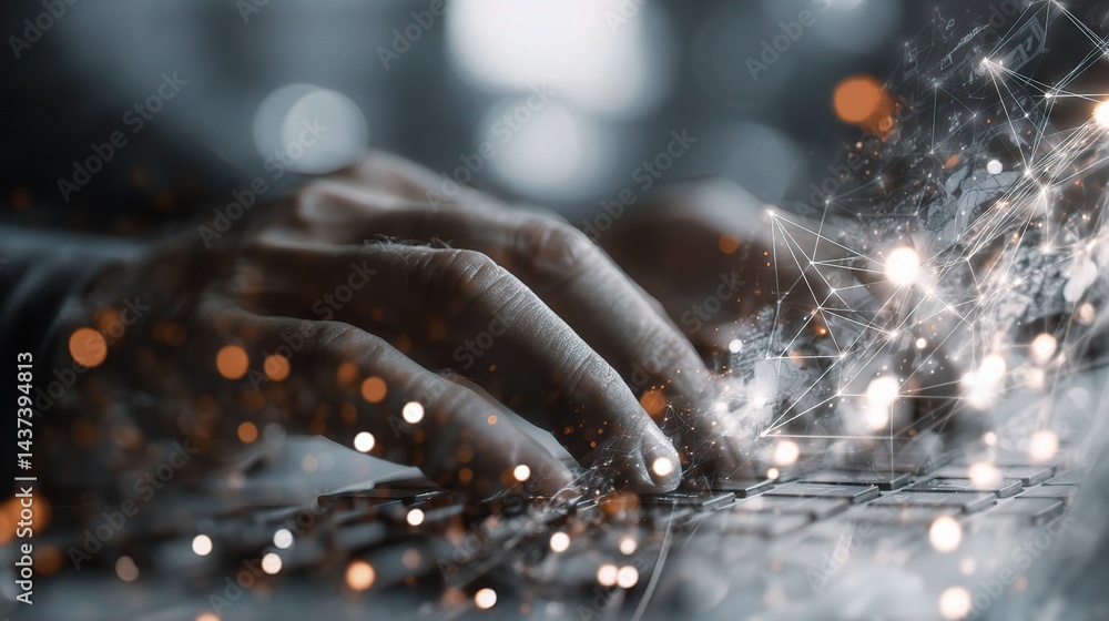 Poster man typing on keyboard with glowing technology particles surrounding