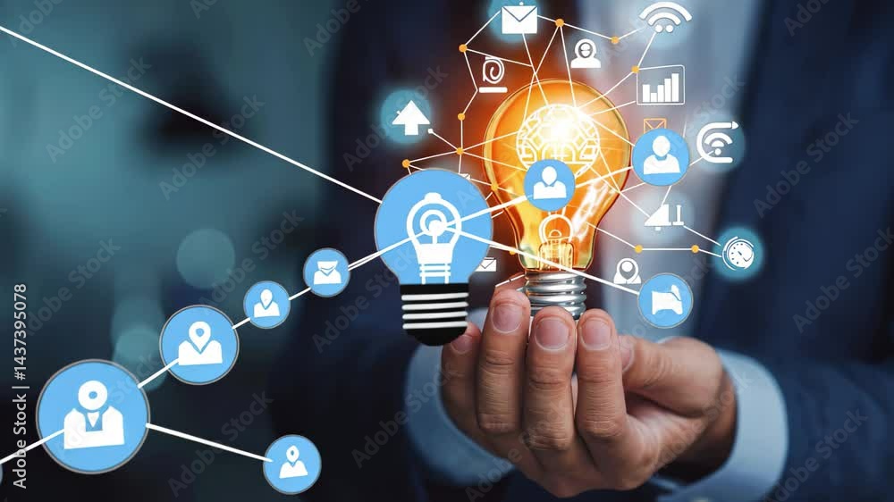 Poster a businessman holds a glowing lightbulb representing innovative ideas and business concepts in a mod