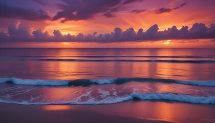 Obraz premium Spectacular coastal sunset showcases a breathtaking orange and purple sky reflecting on the ocean.
