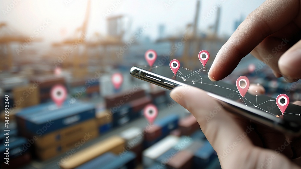Poster mobile gps navigation with map pins and logistics hub background