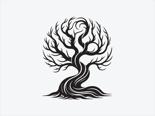 Fototapeta premium Twisted tree silhouette / icon with bare, gnarled branches isolated on white background for nature