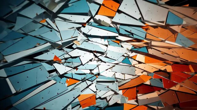An abstract pattern showcasing a broken computer screen with shards of glass reflecting shades of blue, orange, and white, creating a visually striking composition that captures digital disarray