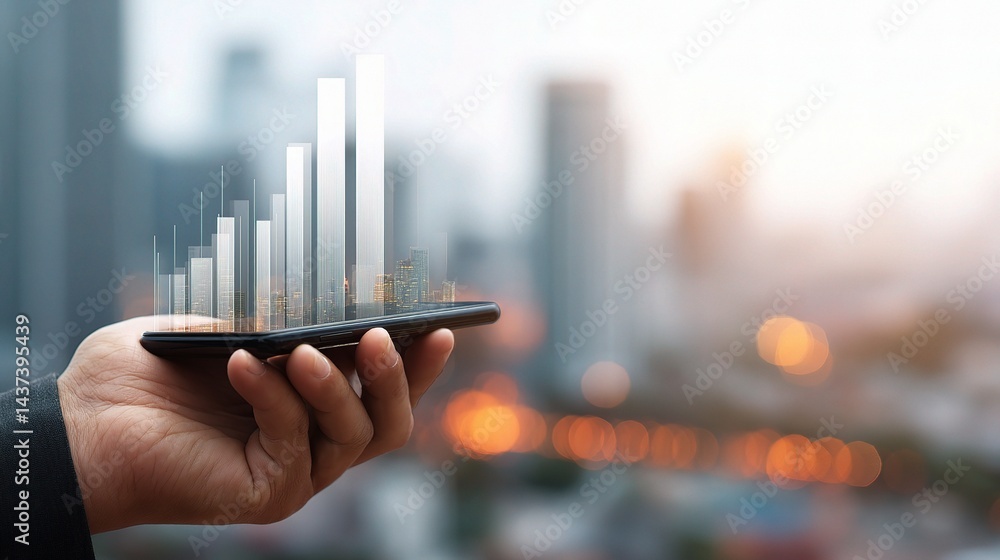Poster businessman holding smartphone with floating data visualization graph