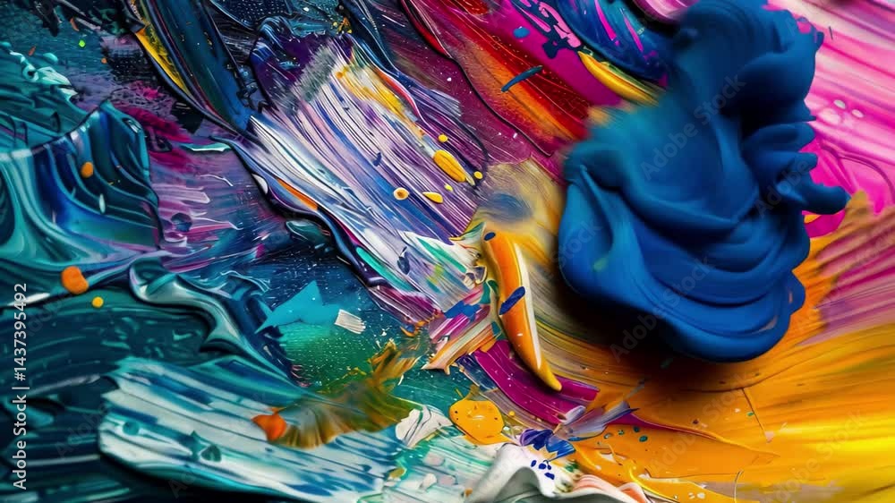 Poster abstract paint strokes create a vibrant chaos of colors blending together, showcasing a unique artis