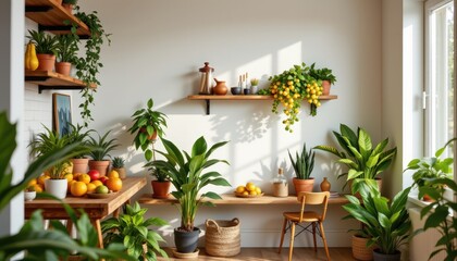 Warmly lit cozy interior filled with green plants and colorful fruits on rustic wooden shelves