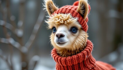 Portrait of an alpaca dressed warmly in a cozy knit sweater, adorable winter animal fashion illustration.
