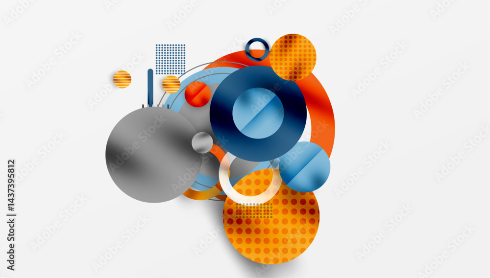Poster abstract composition. overlapping circles, dots, lines create dynamic visual effect. orange, blue, g