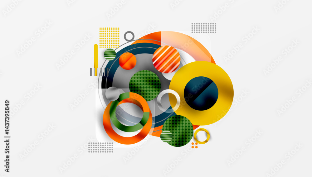 Poster Abstract composition features overlapping circles, squares, lines. Vibrant colors create dynamic visual experience. Modern design elements present.