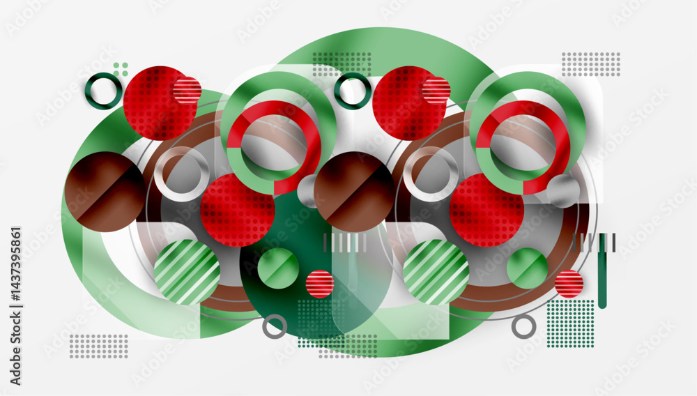 Poster Abstract composition. Circles, stripes, gradients create dynamic visual effect. Modern design elements present playful geometry.
