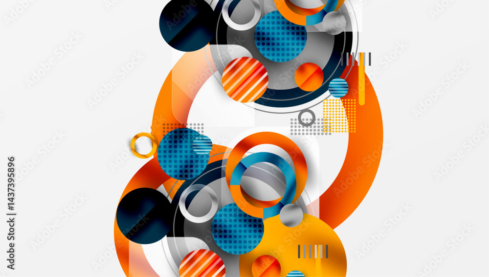 Poster abstract design features overlapping circles, stripes, gradients. modern composition uses orange, bl