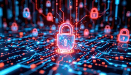 Cybersecurity and privacy concept featuring digital lock symbols floating across a network grid, protecting personal data.