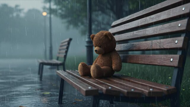 Lonely teddy bear on park bench in the rain against outdoor background