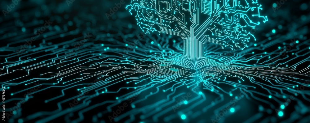 Poster digital tree with circuit patterns on a blue background.
