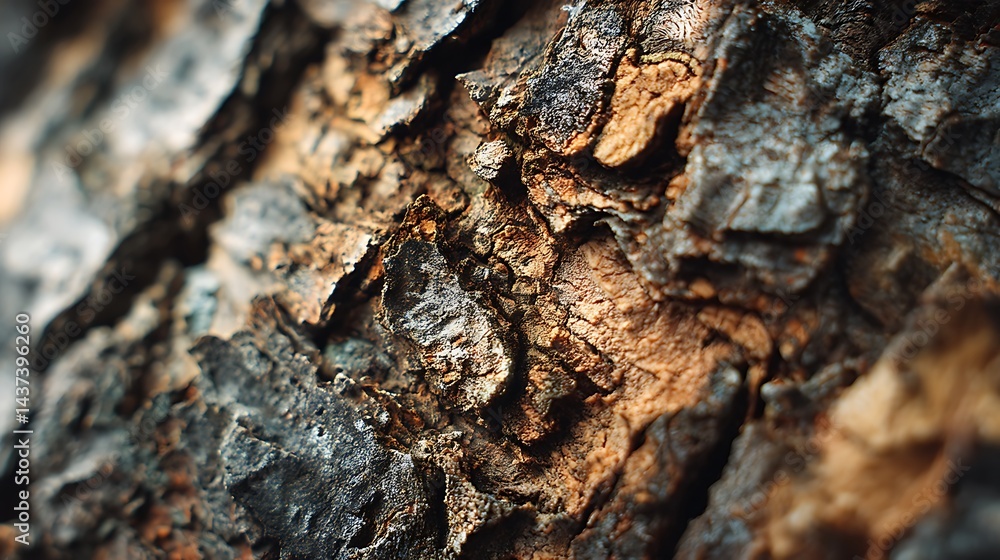 Poster close-up image of textured bark with intricate patterns and rich earthy tones