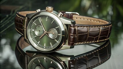 Silver Chronograph Watch with Brown Leather Strap